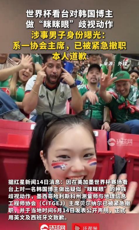 闯大祸了！6月14日，墨西哥一名身居要职的协会主席在世界杯看台公然对韩国女博主做