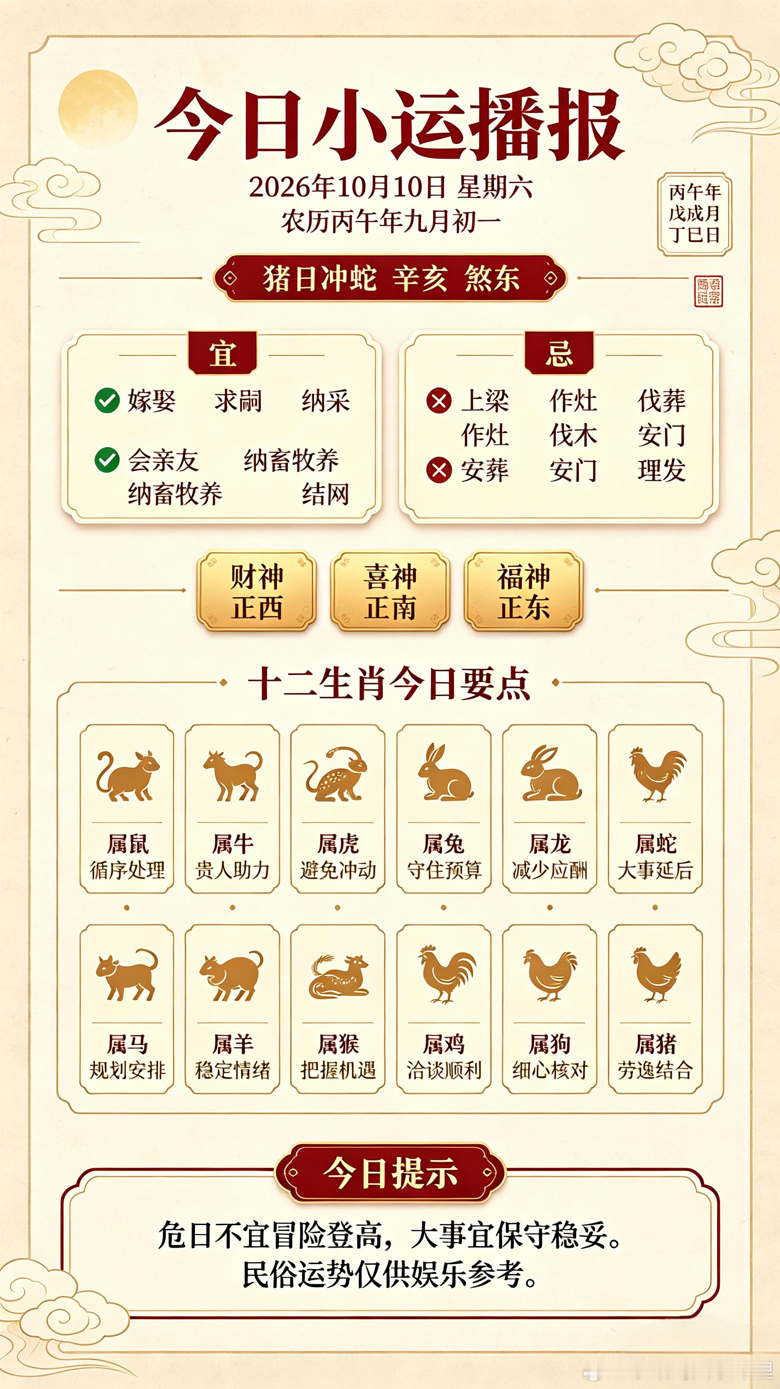 ✨小运播报｜2026年10月10日星期六农历：丙午年九月初一｜干支：丙午年