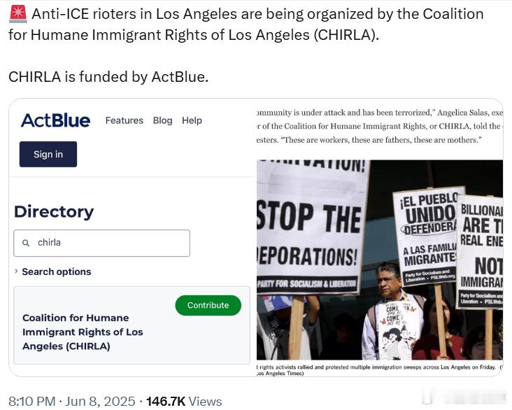 洛杉矶的反移民与海关执法局暴乱者由洛杉矶人道移民权利联盟(CHIRLA)组织。C