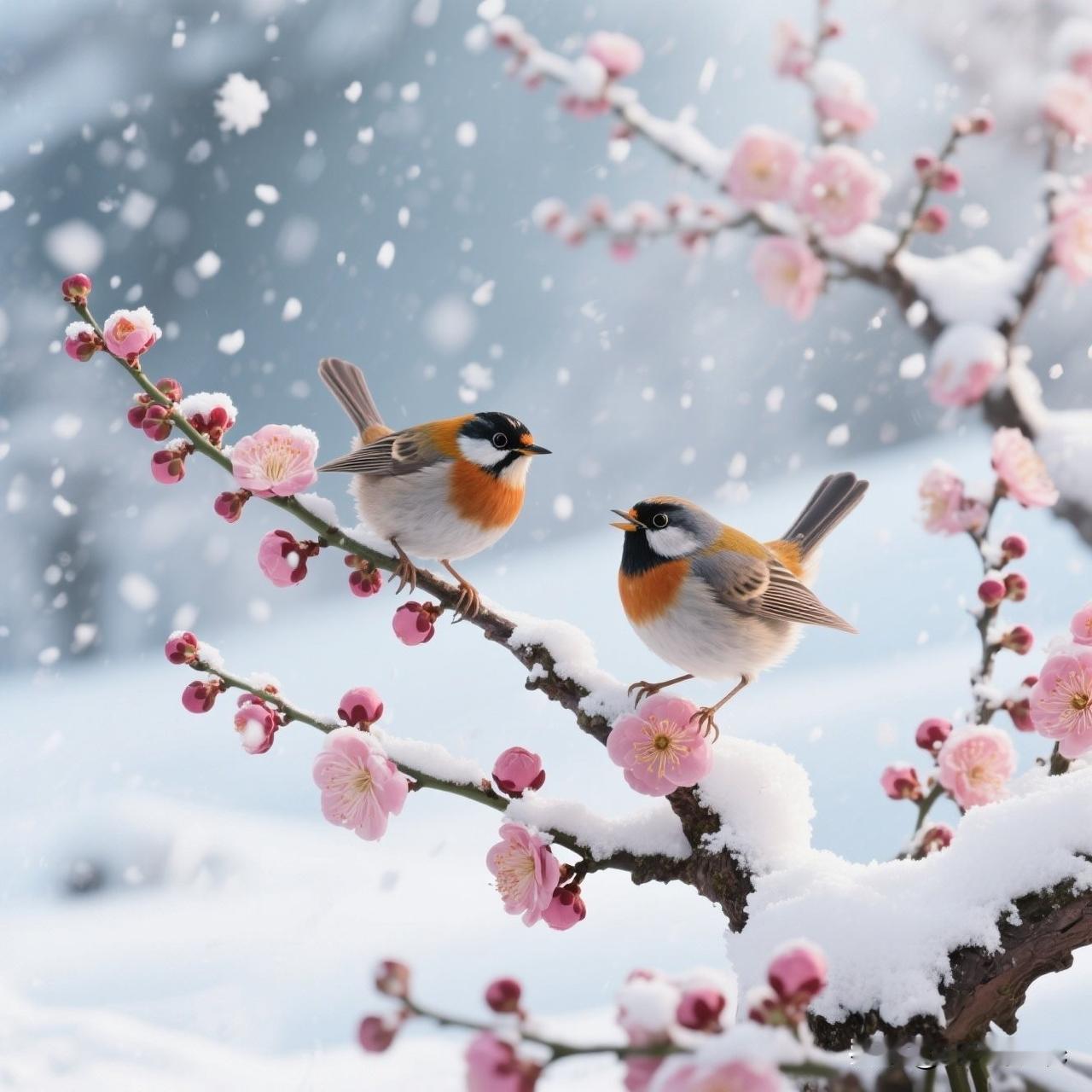 适合做壁纸的风景照片大雪纷飞花正艳，鸟戏梅梢闹新春。绝美风景照片雪景照片冬日