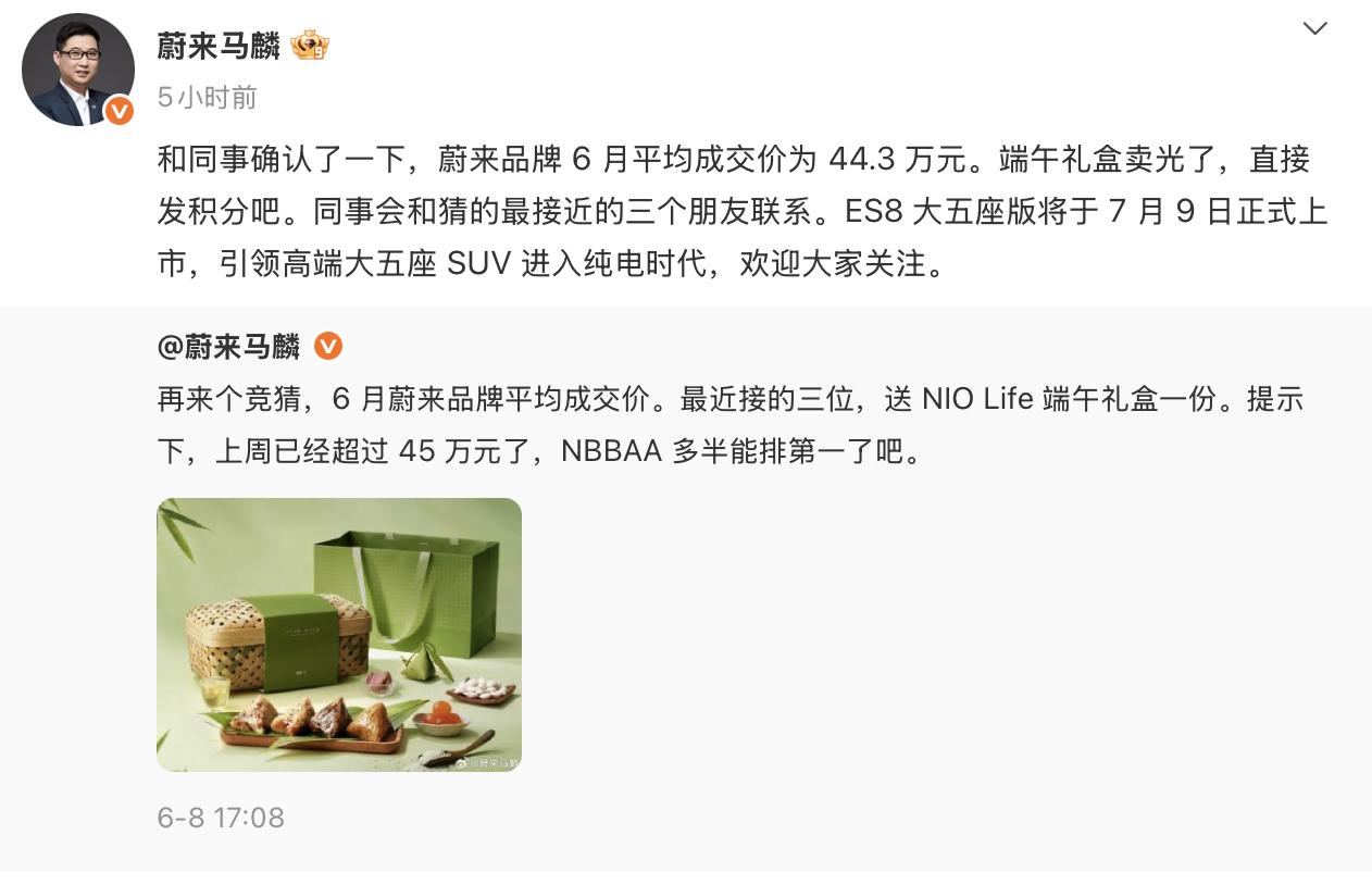 蔚来品牌6月平均成交价达44.3万元。真的，刚看到有点吓一跳，都这么高了！支撑高