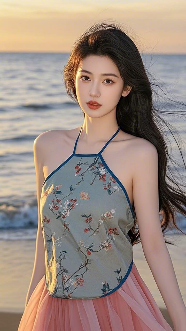 海边少女，微风轻拂，花裙飘逸，美不胜收！