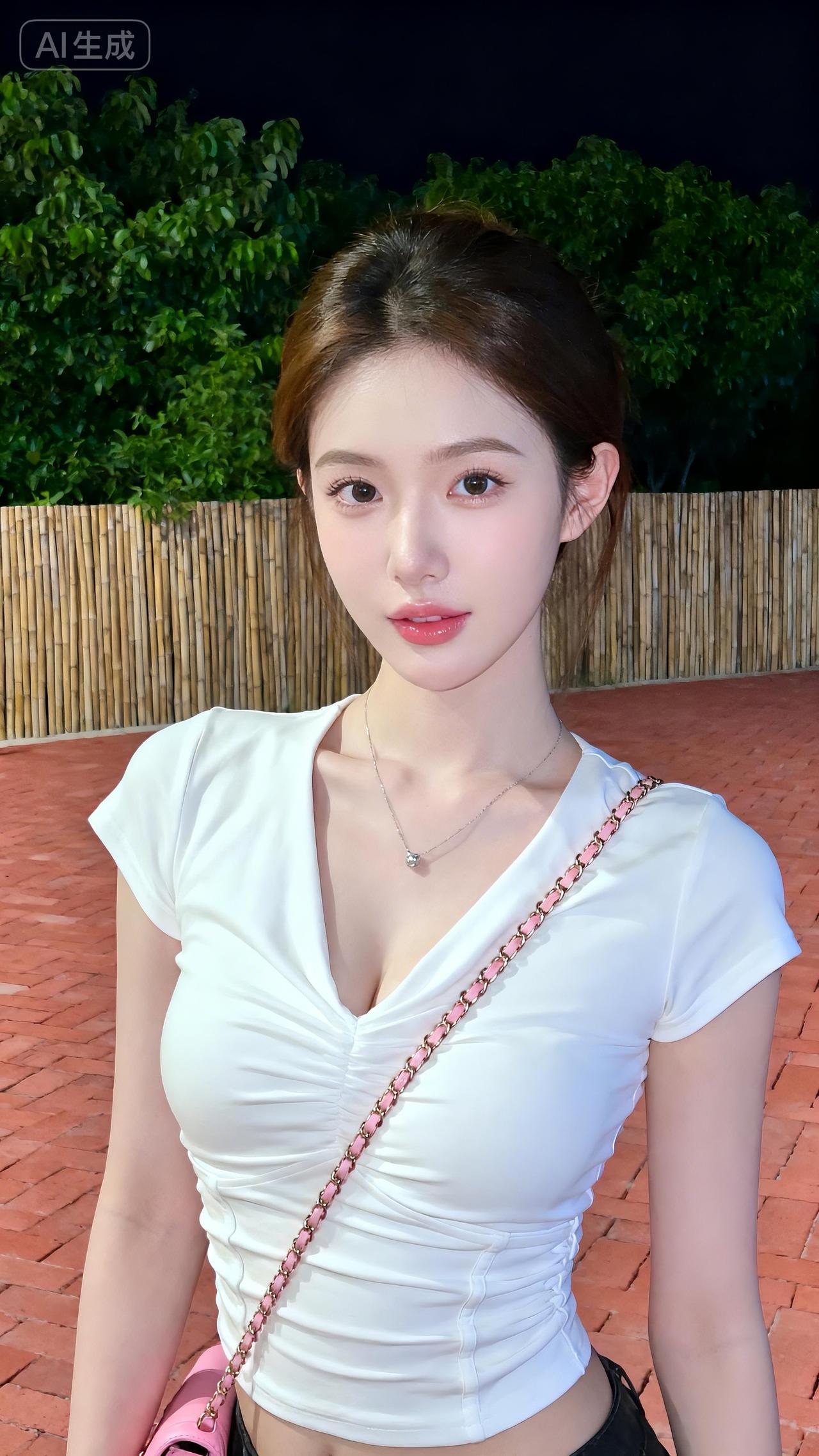 竹影浸夜，白衫裹着粉链光，砖径风都染了甜夜巷甜飒穿搭巷风穿搭山径氛围感穿搭