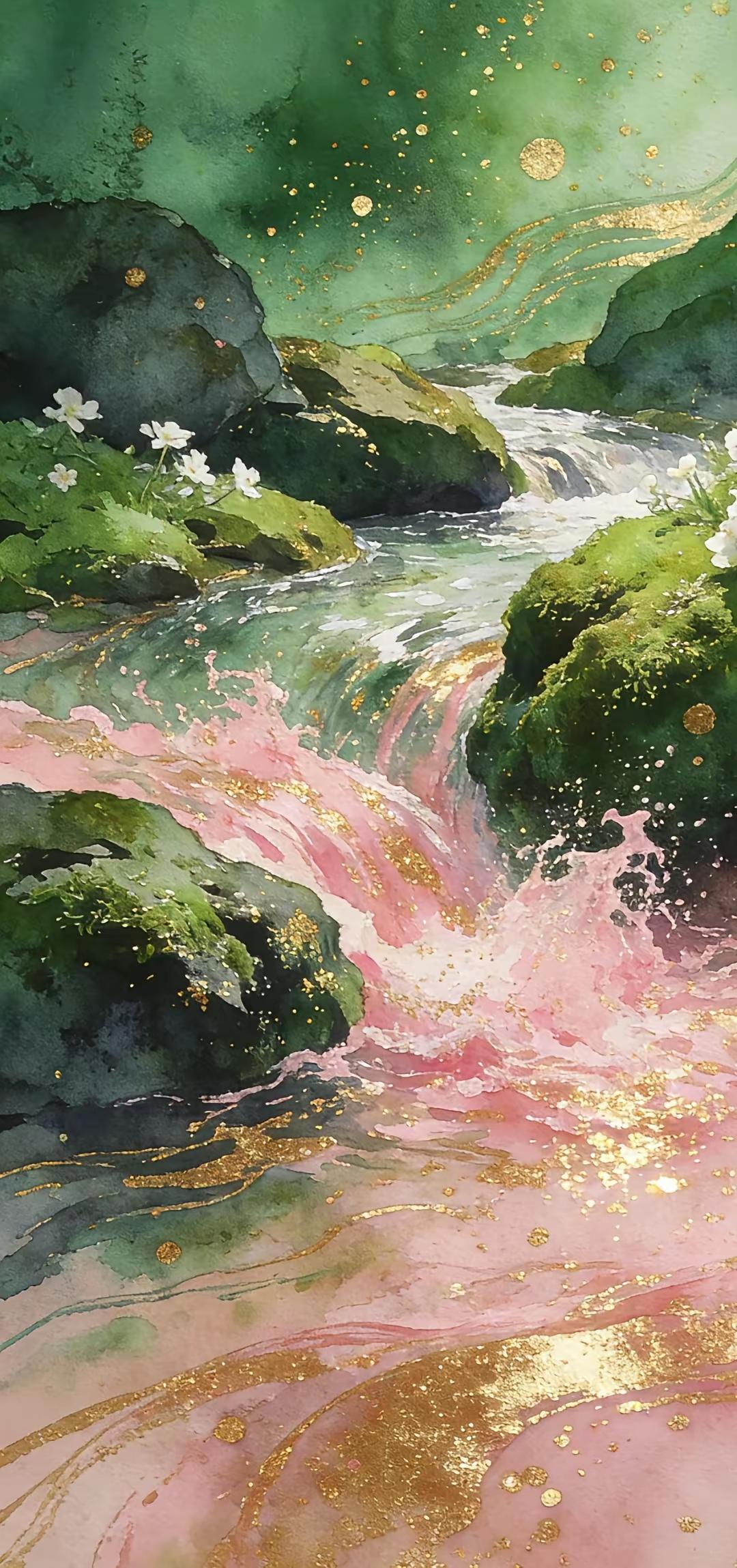 手机壁纸～粉绿晕染成云与水，金箔在风里流淌成光。一帧帧，都是岁月里最动人的诗意与
