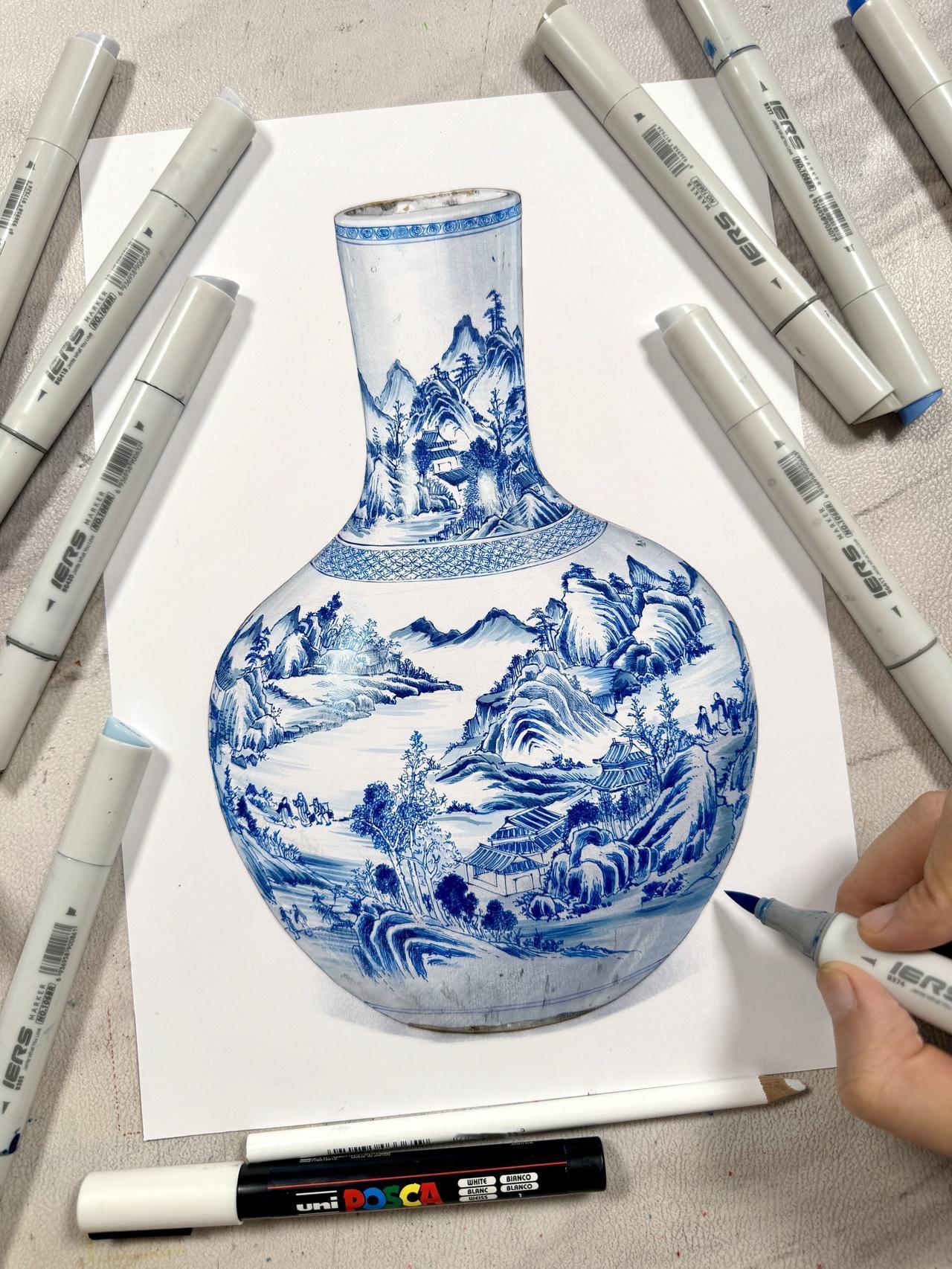 瓷器之美马克笔马克笔手绘青花瓷绘画过程
