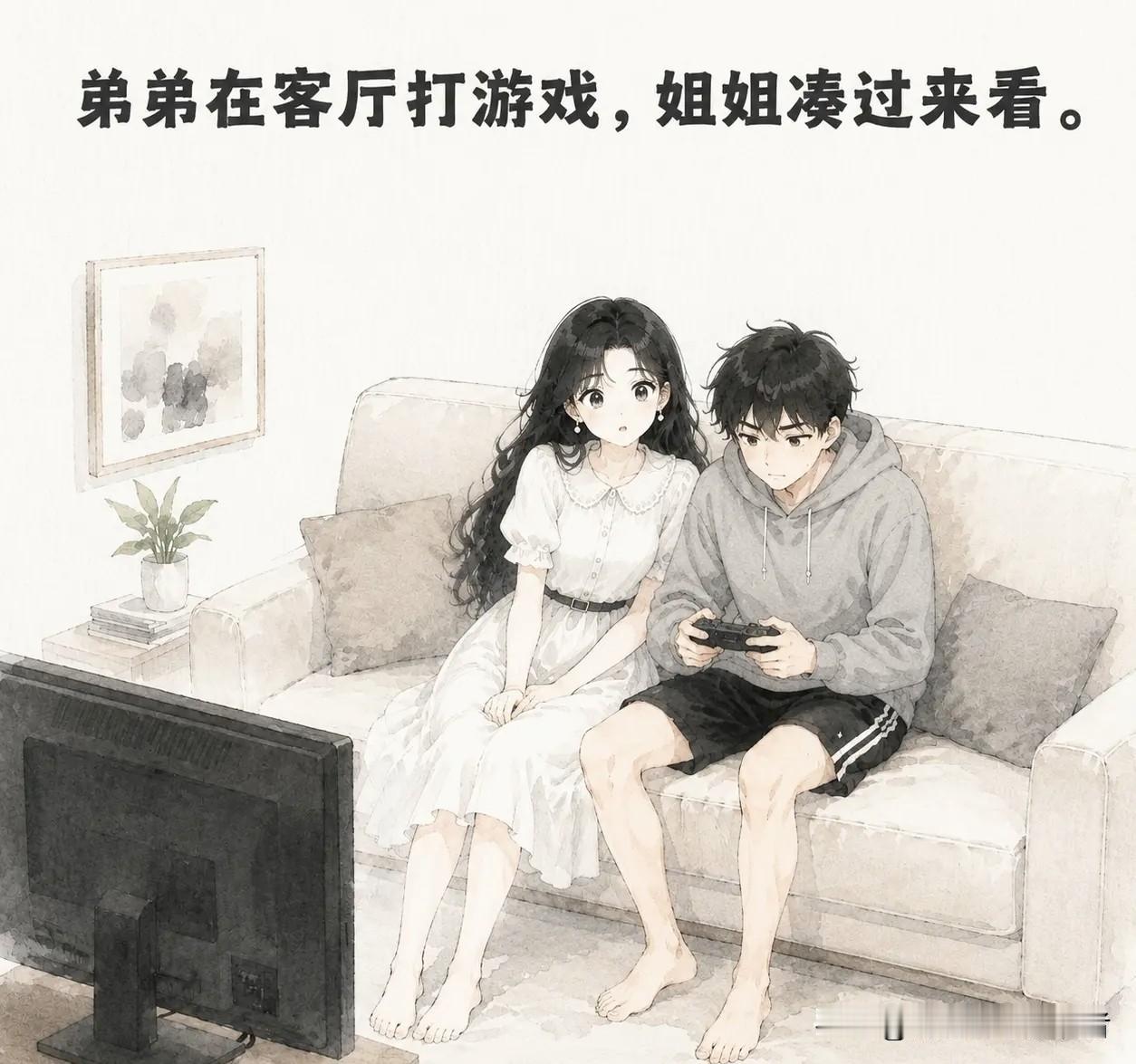 有趣漫画推荐：弟弟在客厅打游戏姐姐凑过来看。姐姐指指点点：“这儿该往左！左！”弟