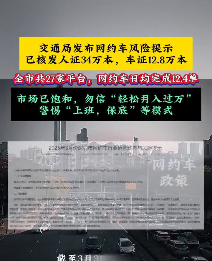 交通局发布网约车风险提示：已核发人证34万本，车证12.8万本，全市共27家平台