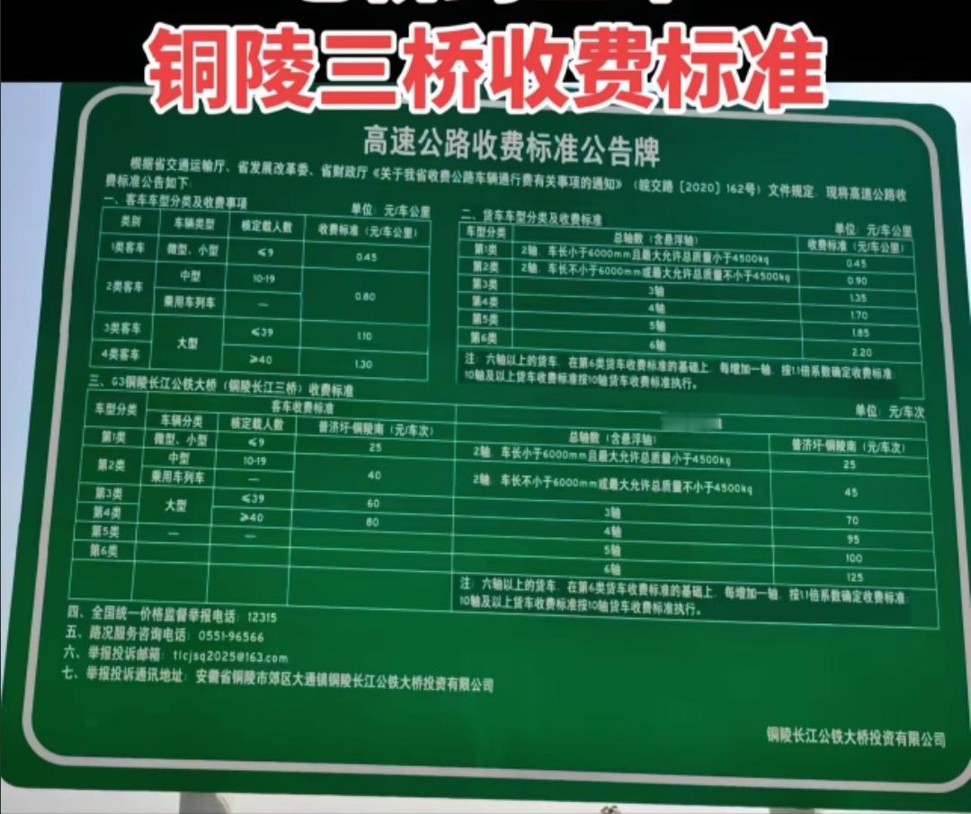 铜陵长江公铁大桥收费公示！铜陵长江公铁大桥建成通车之后，铜陵长江大桥也将进入维修