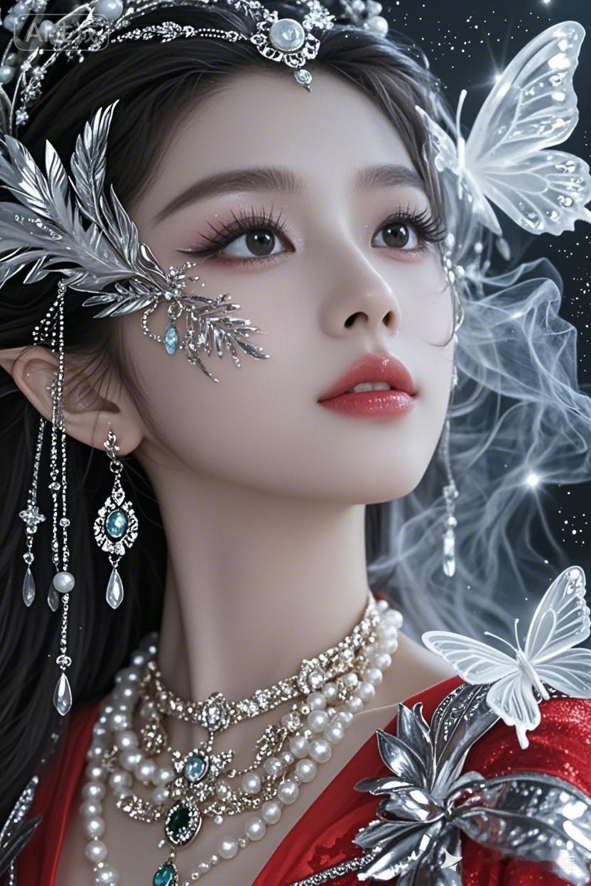 梦幻仙境中的精灵公主，银饰与蝴蝶的完美融合，宛如童话中的仙子。