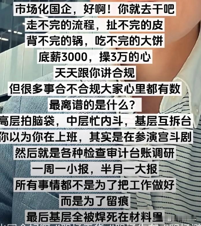 网友说：市场化国企有着走不完的流程，扯不完的闲皮，背不完的黑锅，画不完的大饼。