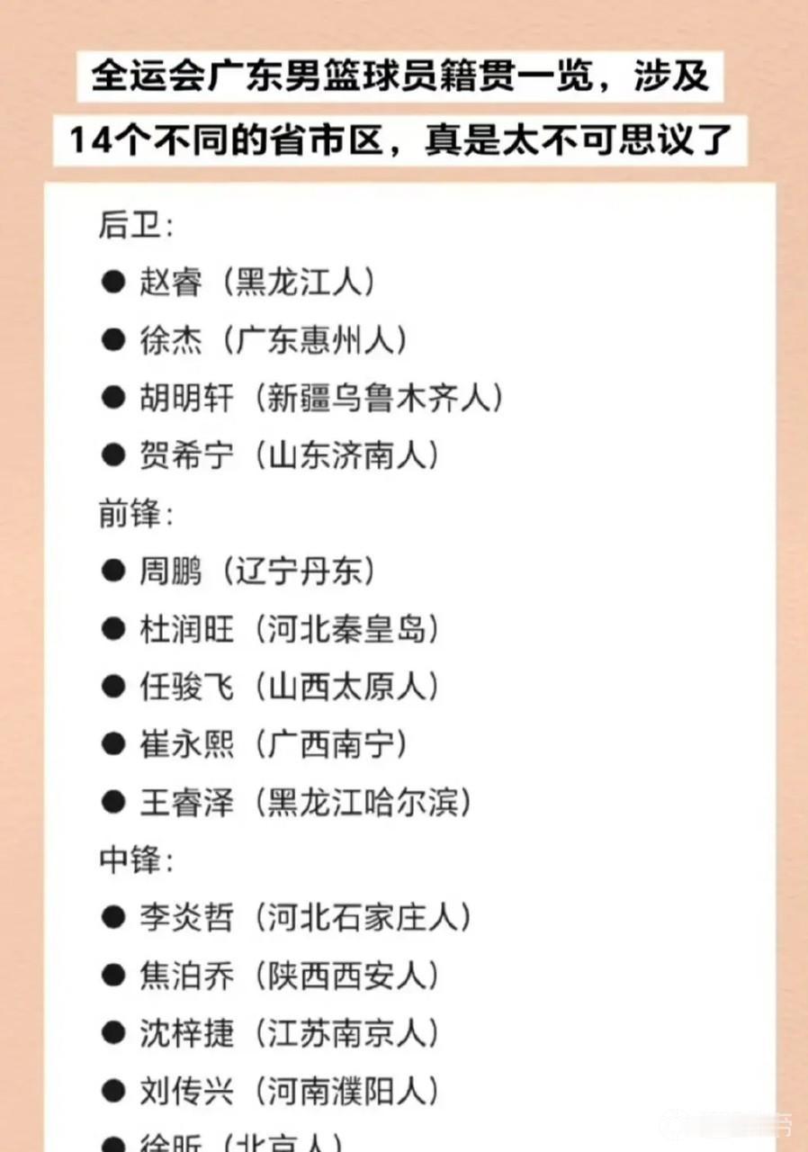 广东男篮只有徐杰籍贯在广东。不过我认为没什么问题，因为广东队这14人都是曾经效力