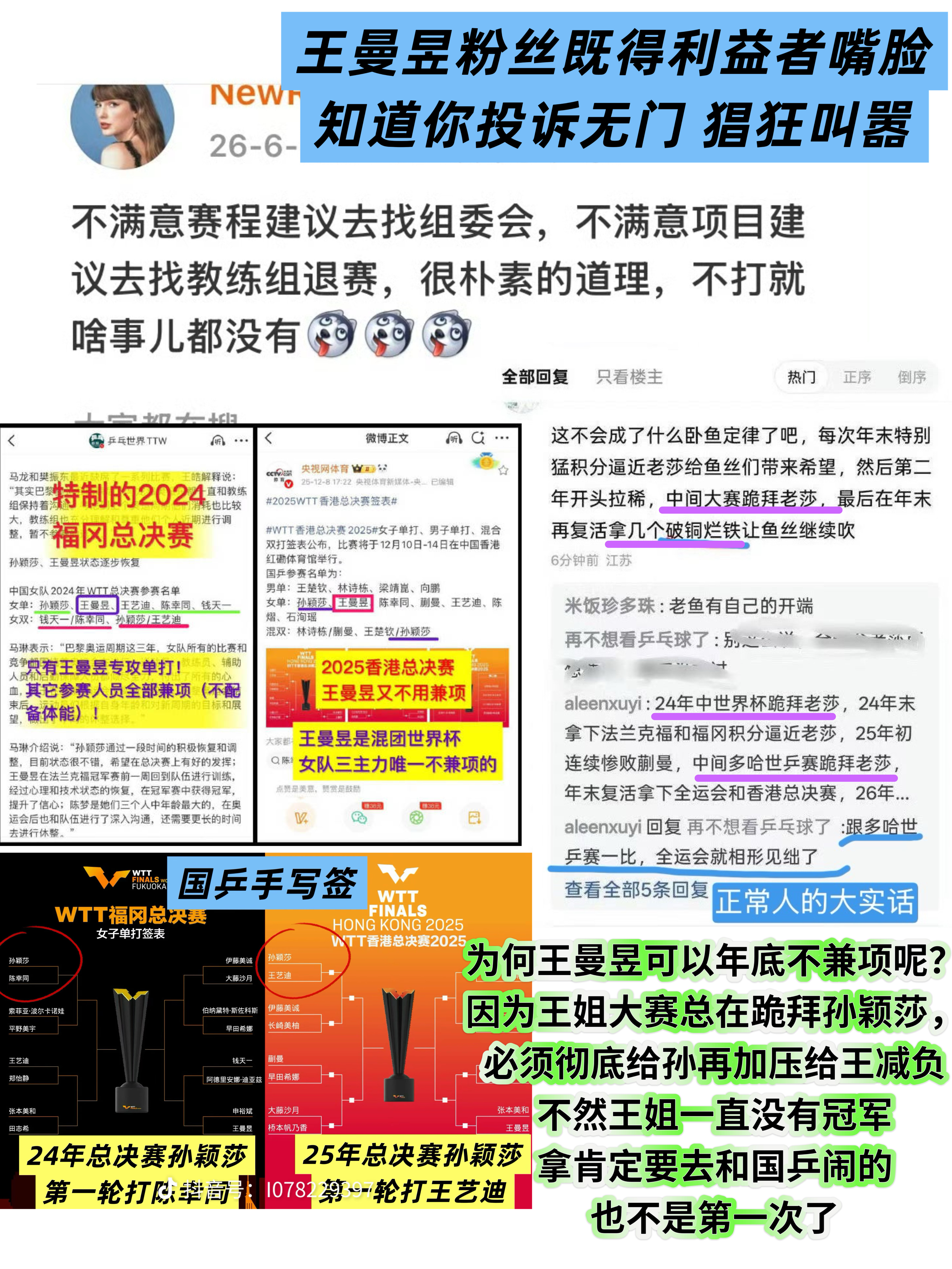 1️⃣一想到王楚钦王曼昱粉丝（这里包括王楚钦的CP粉其实=他的唯粉啦）嘲笑孙颖莎
