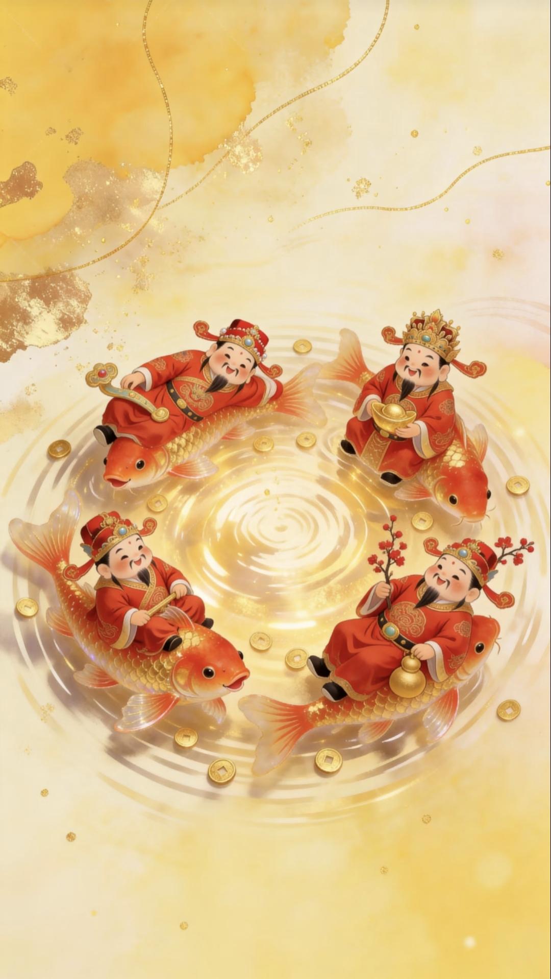 财神乘鲤行，福气满门庭。财运通四海。吉祥伴君行。传统文化绘画