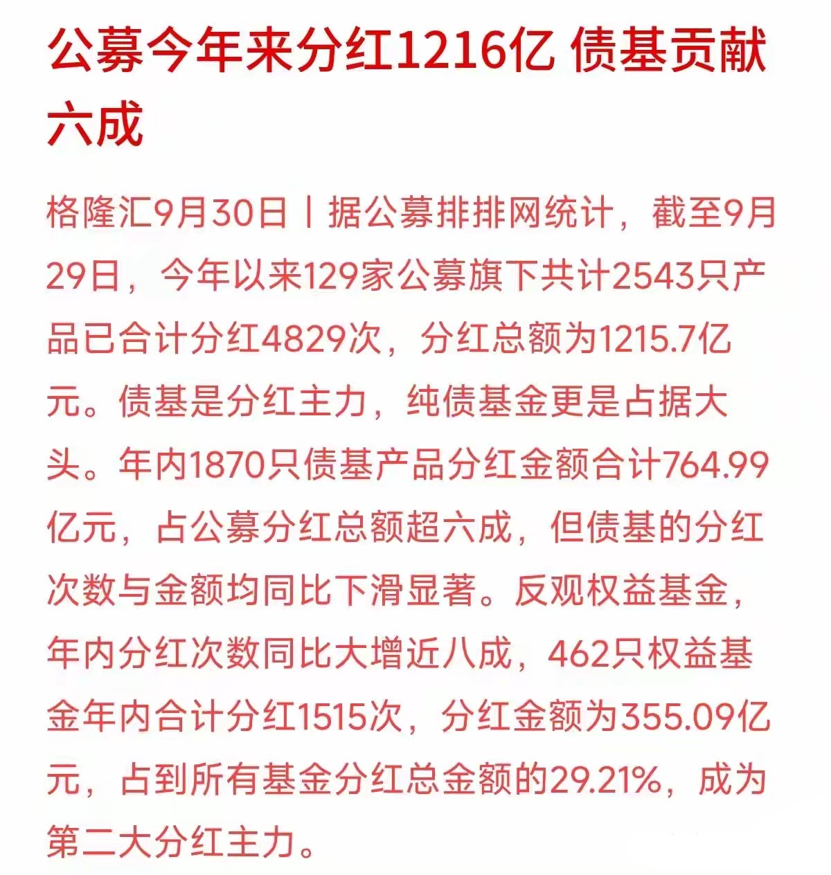 今年你的基金收到“回头钱”了吗？数据显示，今年以来公募基金已经累计分红超1215