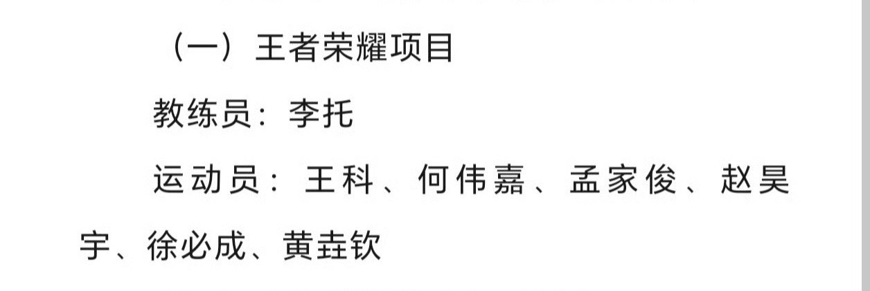 亚运会名单公示王者荣耀教练员：李托运动员：王科、何伟嘉、孟家俊、赵昊宇、徐必成、