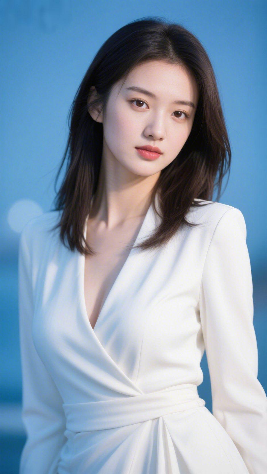 白裙映清蓝清蓝的底色衬着一袭白裙，简约的剪裁藏着不动声色的优雅，眉眼间的笃定，