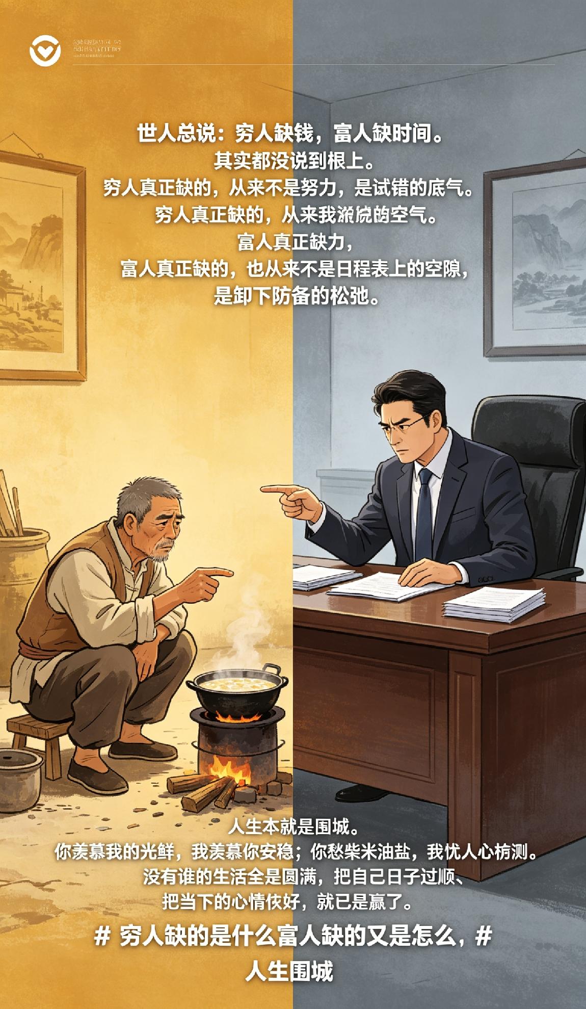 世人总说：穷人缺钱，富人缺时间。其实都没说到根上。穷人真正缺的，从来不是