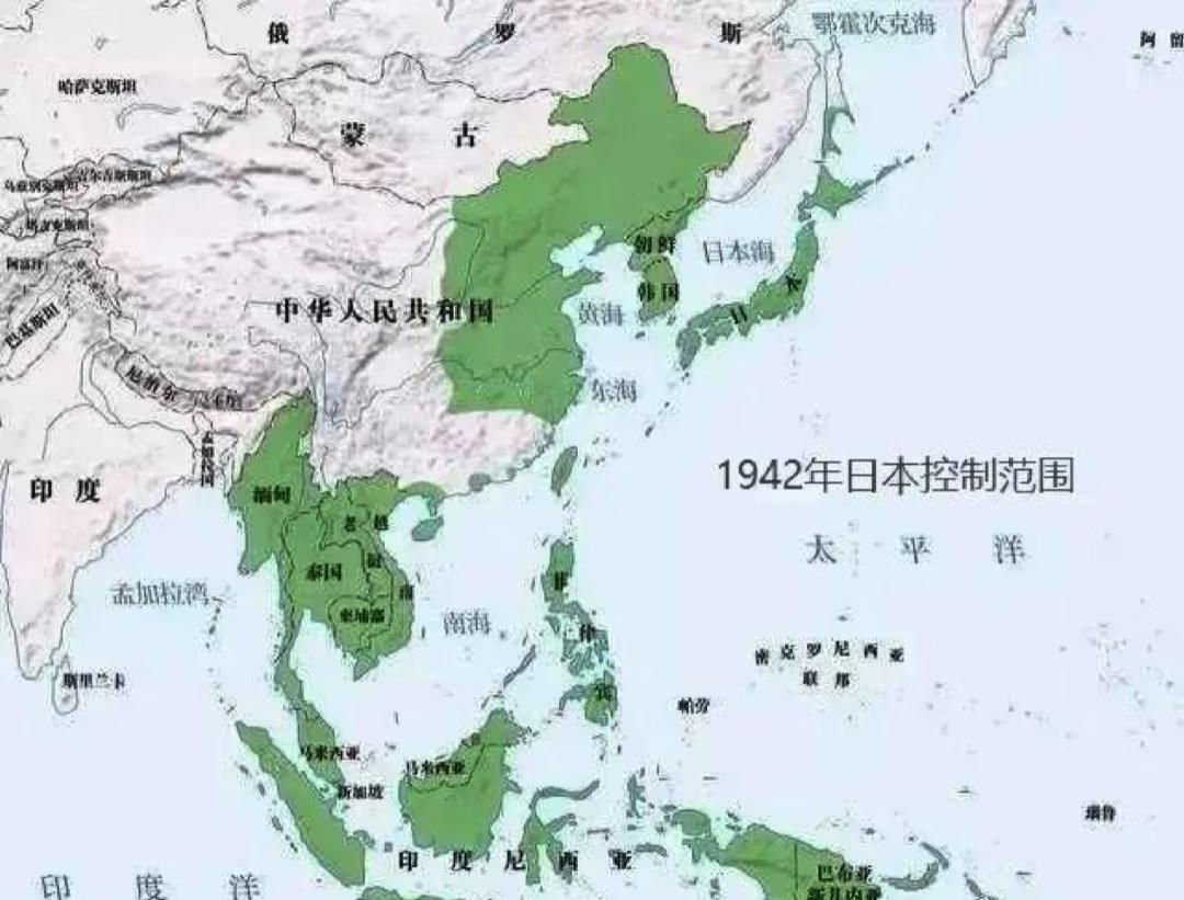 1942年，二战期间，日本在亚洲控制范围！