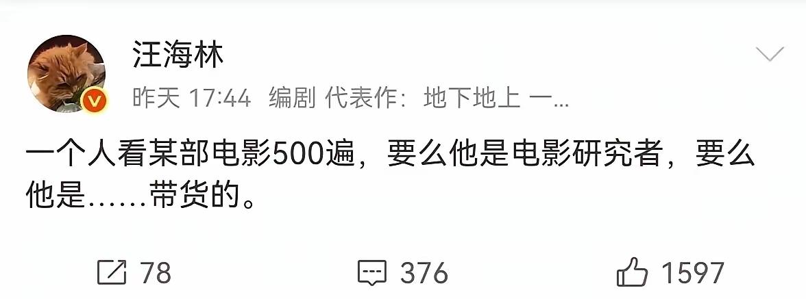 第一次觉得汪海林说话也挺有深度的！他说：如果一个人看某部电影超过500遍，要