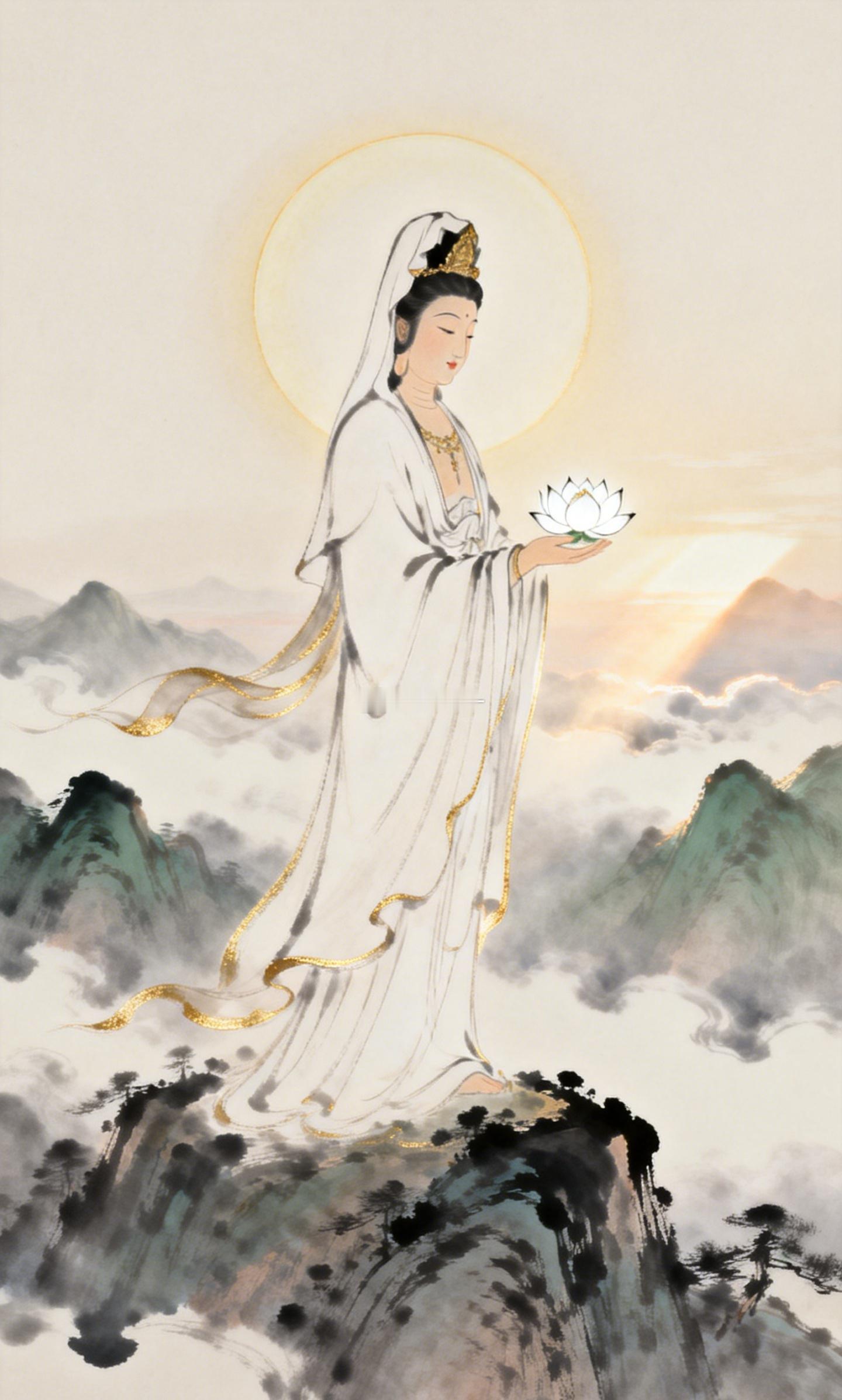 慈航行过尘世，不遗漏任何一声微弱的求告。观世音菩萨垂目照看，使将临的灾厄转轻，使