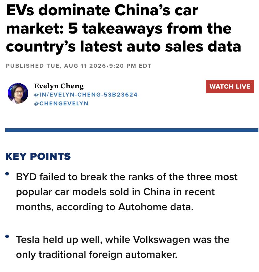 美媒：电动车称霸中国车市：最新汽车销量数据五大看点。据Autohome统计，