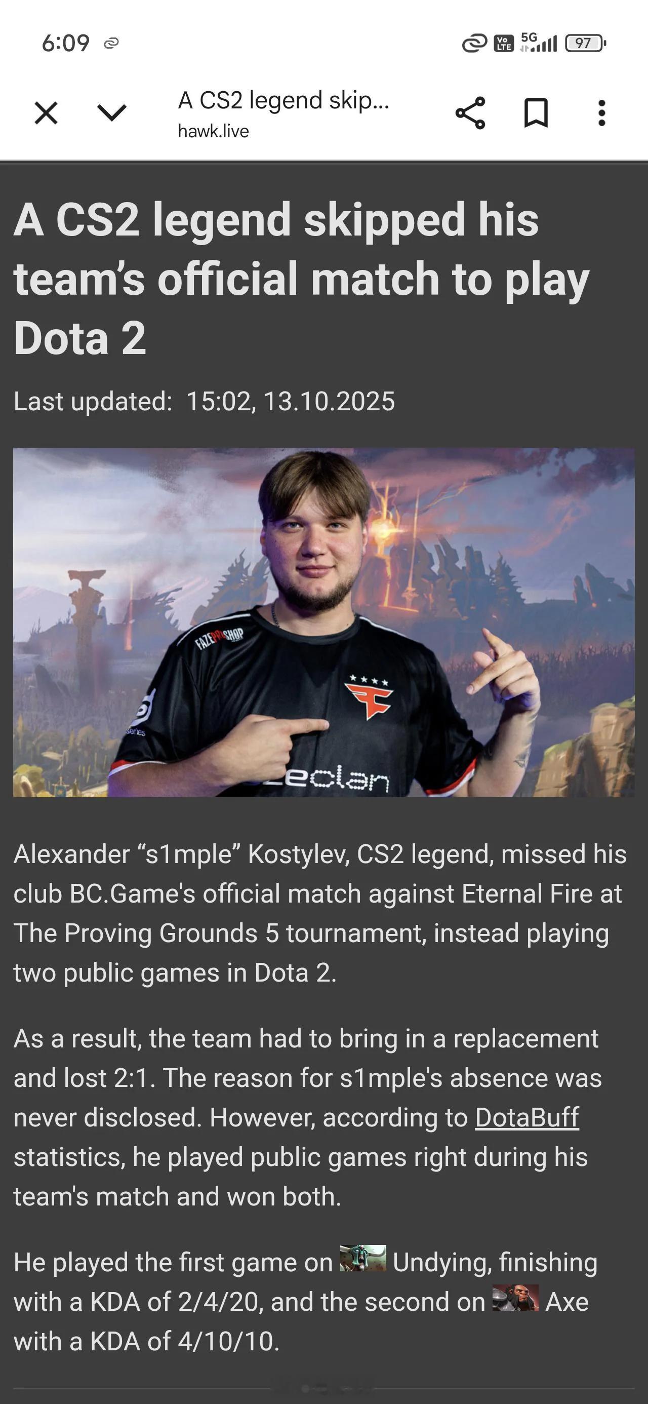 一名CS2选手为了玩DOTA2翘掉了比赛[捂脸哭]dota2cs2CS2传奇选手
