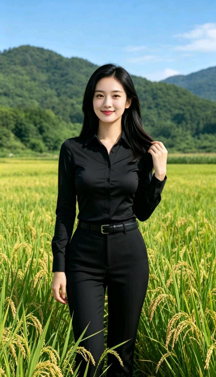 她站在田野里，微笑着看镜头。恶有恶报善有善报，你真的相信吗永远绽放的笑容乡间