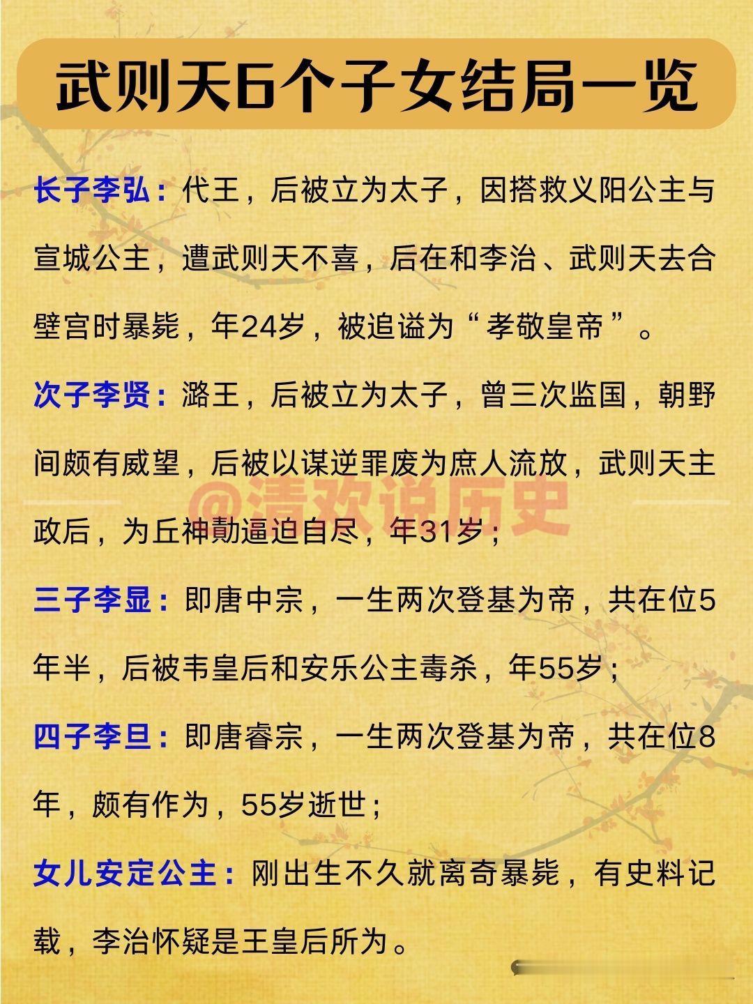 武则天子女众多，命运各有不同。儿子中，李弘曾被立为太子，却英年早逝，有说法称是被