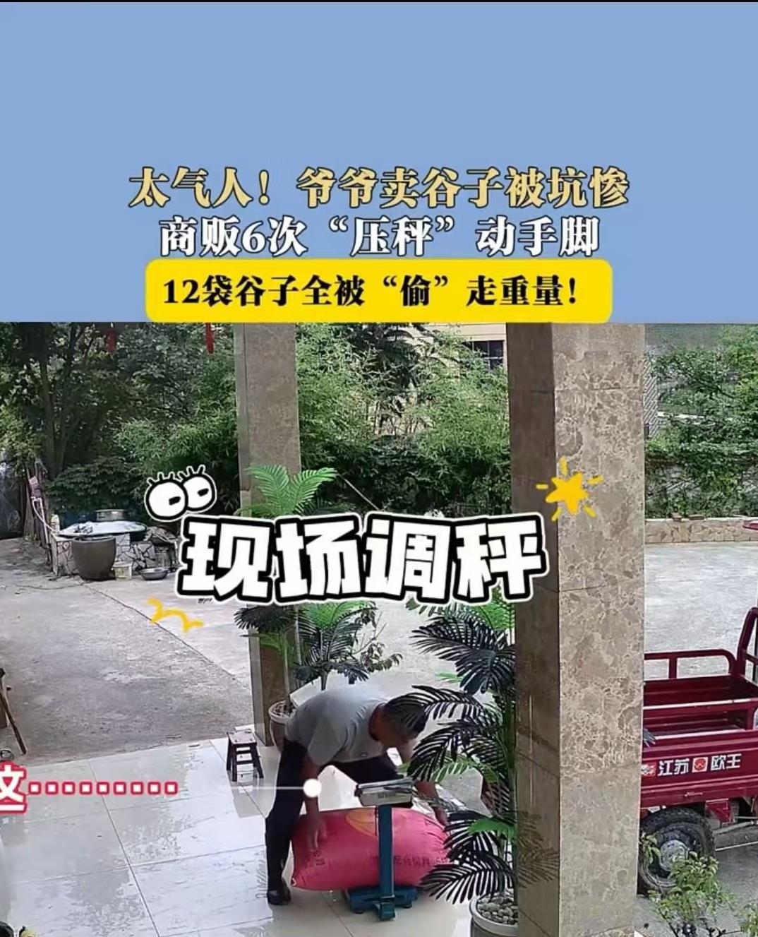 贵州，爷爷找摊贩来收谷子，对方趁爷爷不注意，六次压秤，导致爷爷损失了不少。孙女在