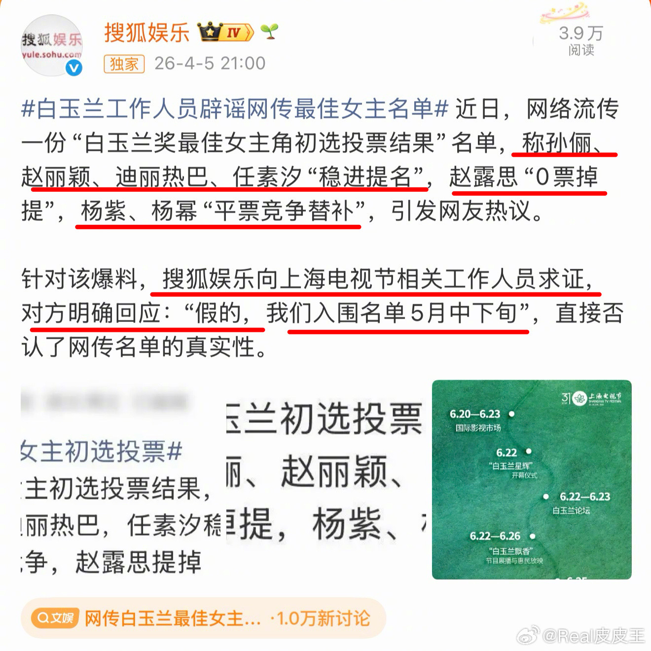 白玉兰工作人员辟谣了网传女主入围名单。此前，有媒体爆料孙俪、赵丽颖等稳进提名，杨