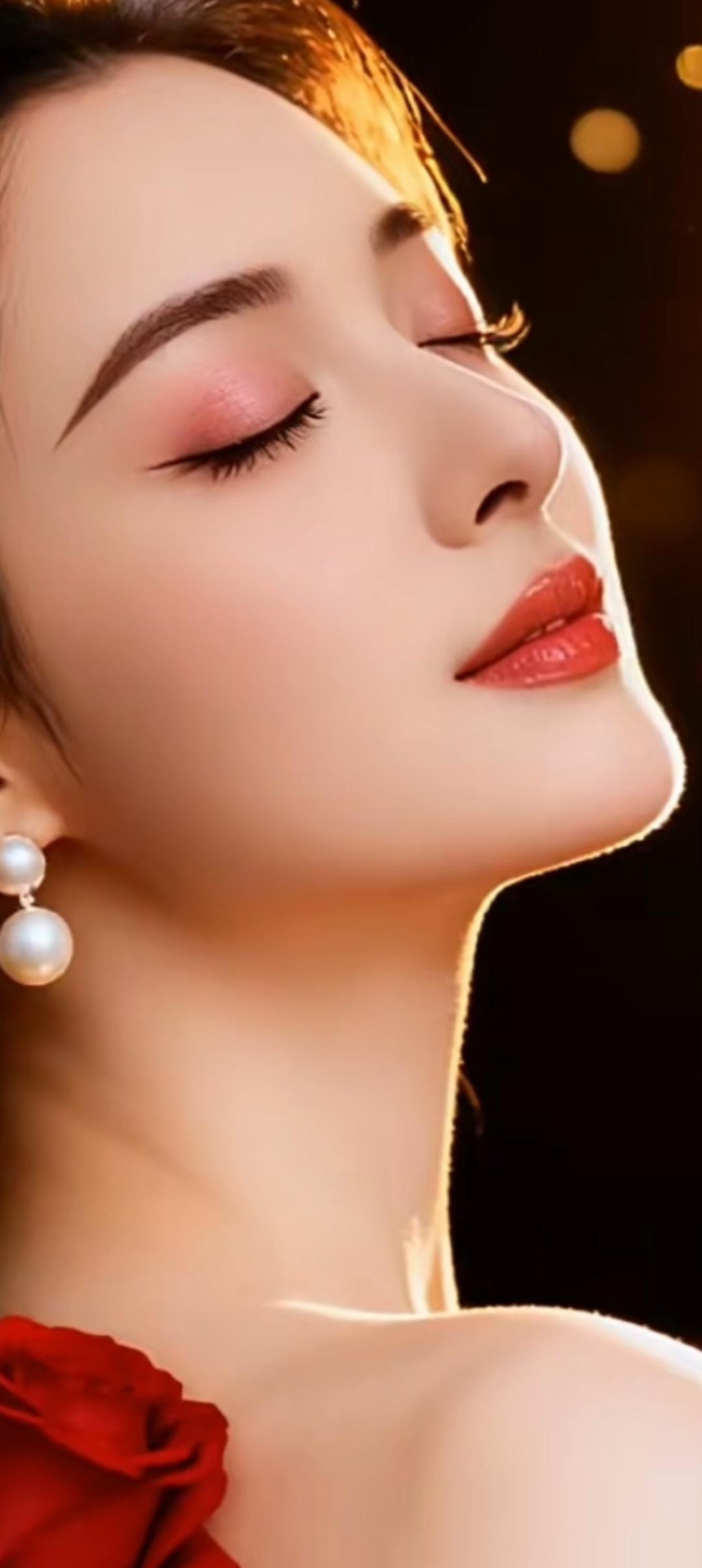 优雅红玫瑰，温柔闭眼妆，珍珠耳环闪耀，唯美瞬间定格