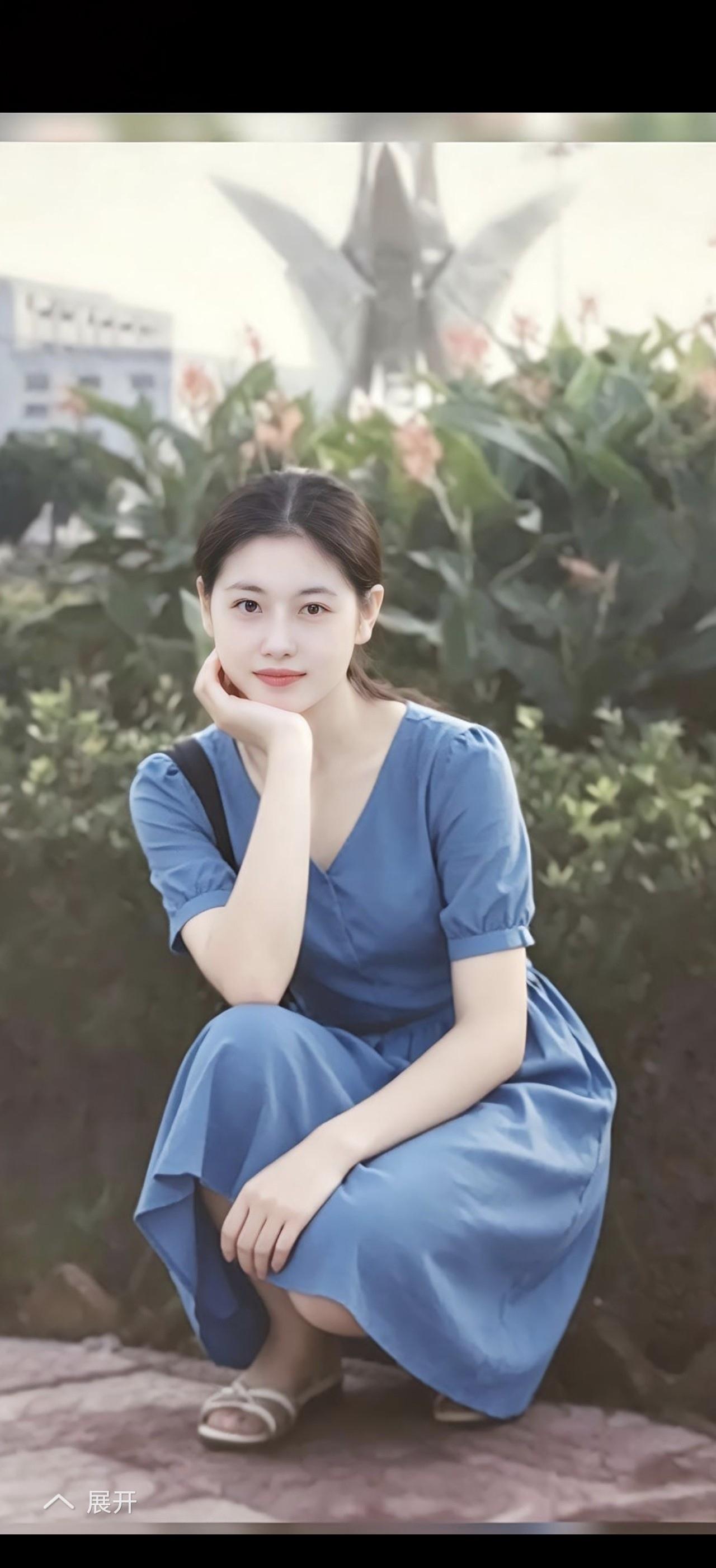 蓝衣美人倚绿树，静思如画。