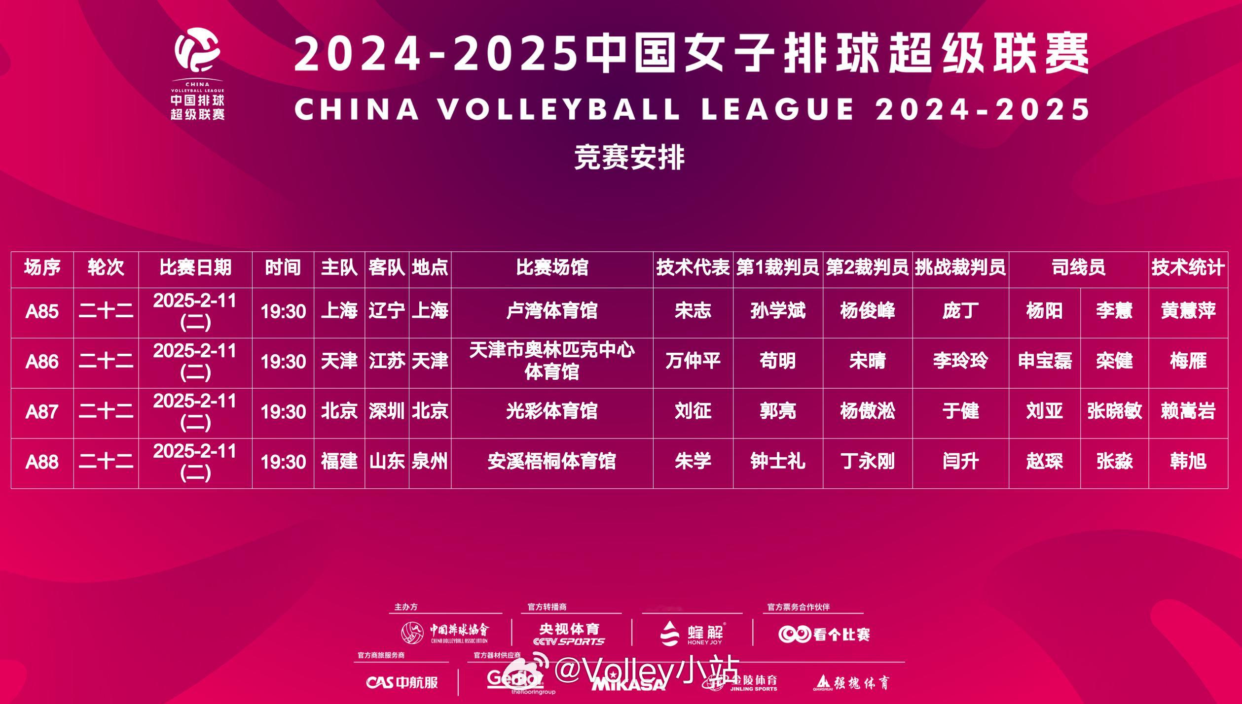 2024-2025中国女子排球超级联赛今日赛程安排⬇️