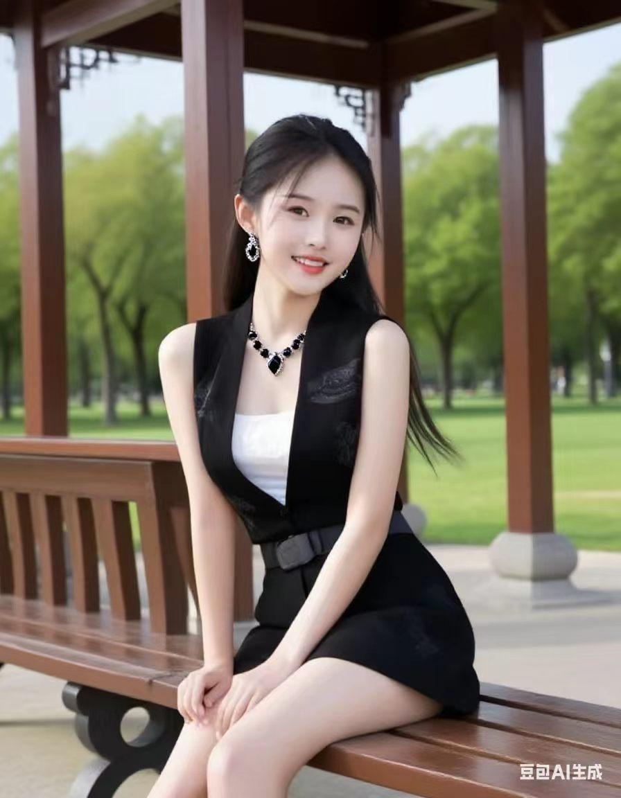 公园长椅，一袭黑裙女子安然落座，眉眼漾开明媚笑颜，温柔气韵浑然天成，沉静优雅与鲜