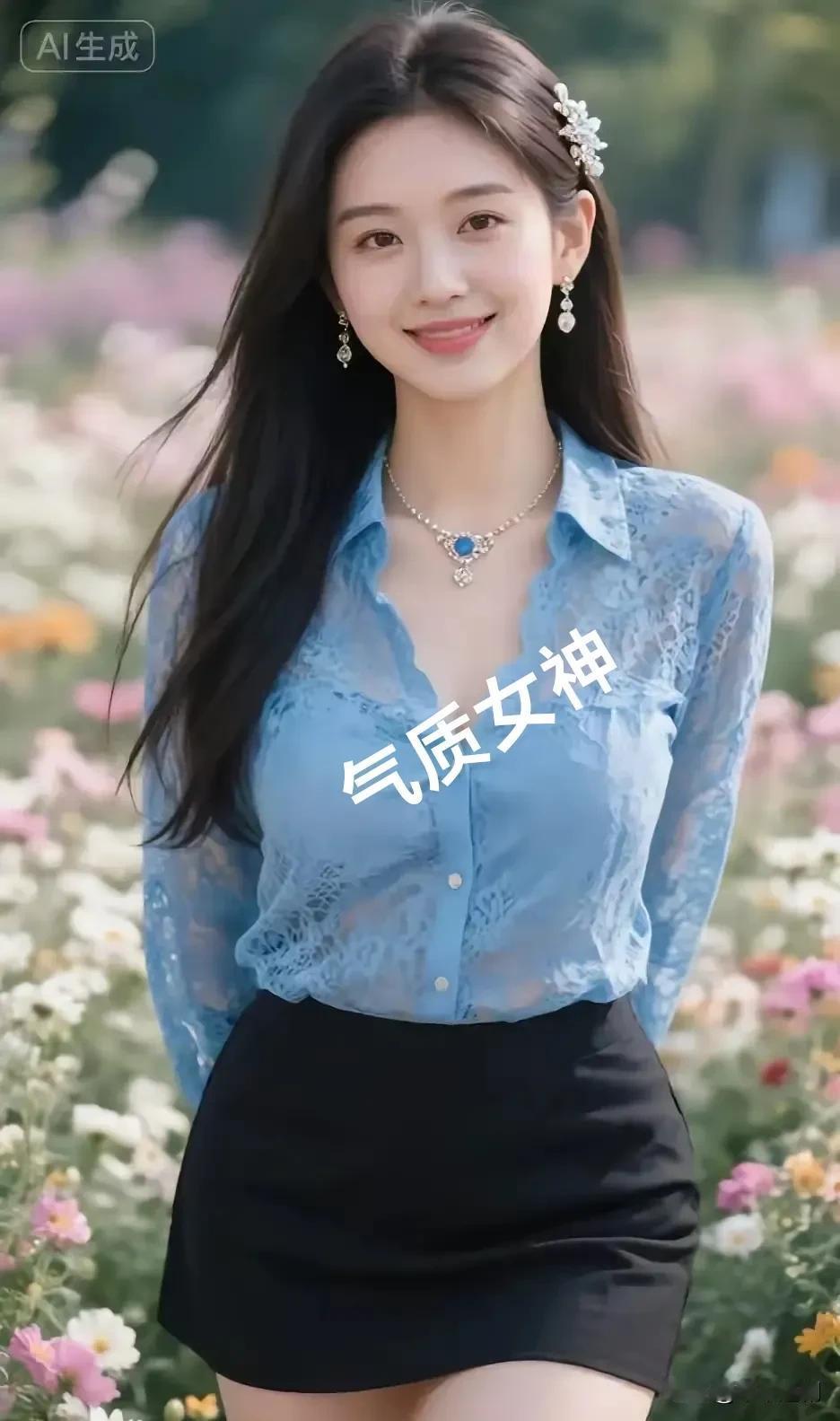 蓝蕾丝浸着花田的柔，颈间蓝钻亮得像偷藏了晴空。风掀动长发时，连裙摆都裹着清甜的松