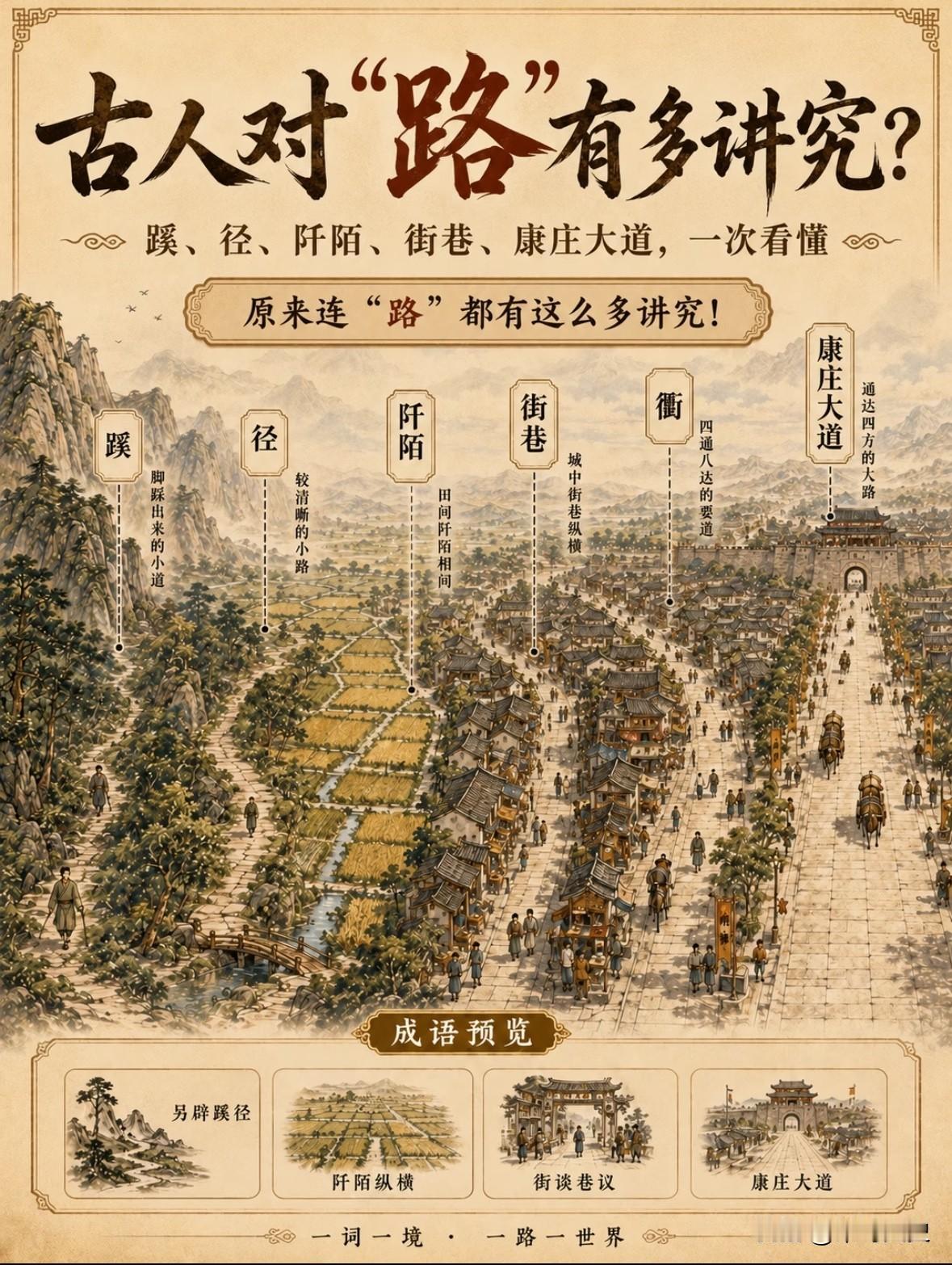 【一次看懂古人对“路”的分类】从山野到市井，从阡陌到通衢，古人用不同的字，定义