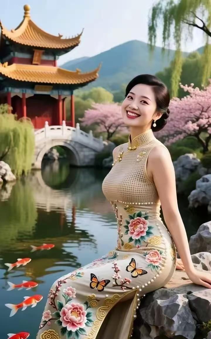 七言绝·江南雅韵金阙芳塘映碧霄，绣裳轻坐柳风摇。牡丹含笑陪春笑，鱼戏