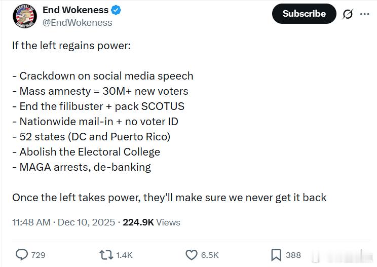 如果左派重新掌权：•打压社交媒体言论•大赦移民=3000万以上新选民•