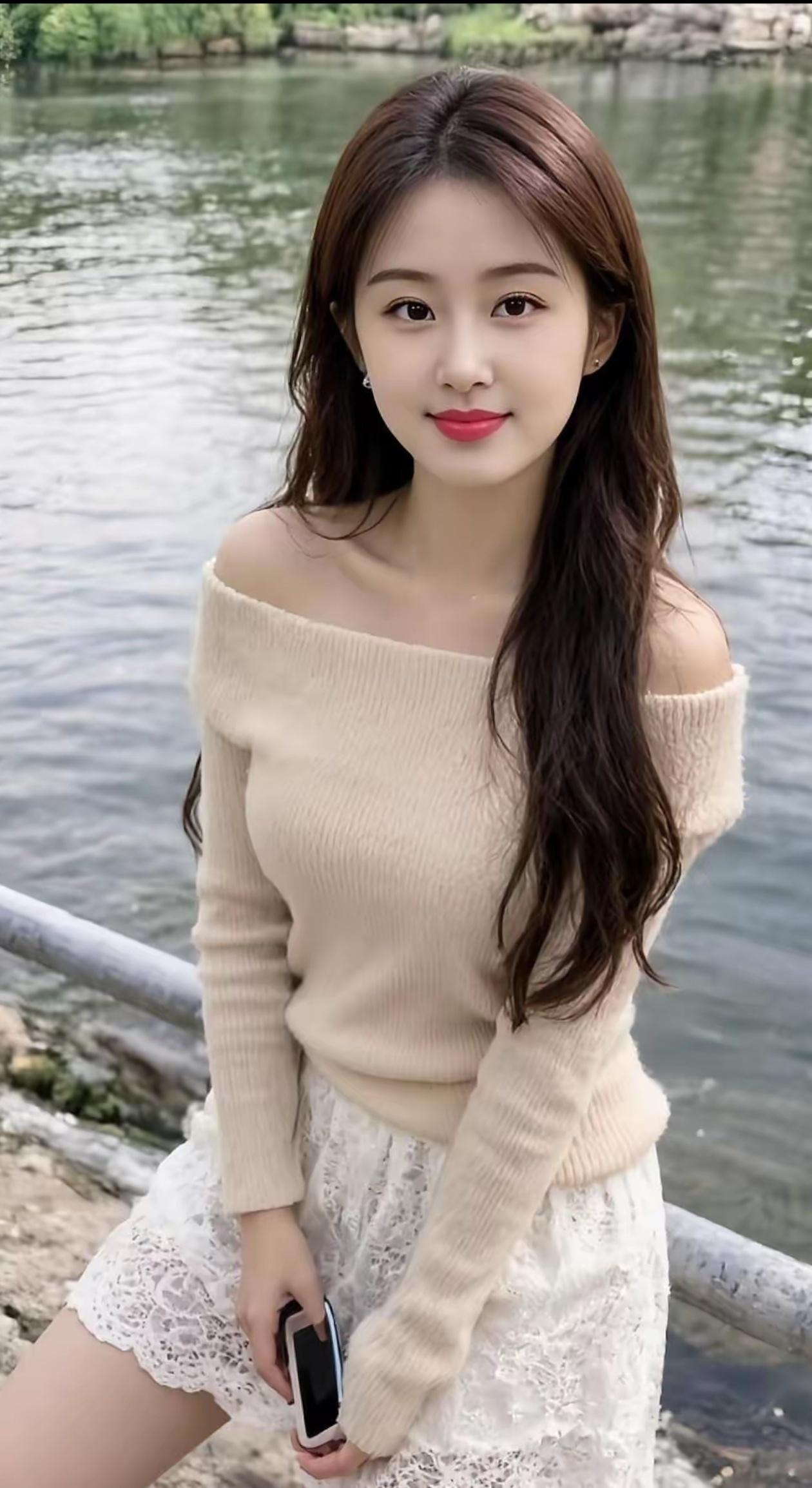 河畔的风揉着温柔的光，杏色露肩衫裹着慵懒的甜，蕾丝裙摆与波光缠在一起，红唇轻扬时