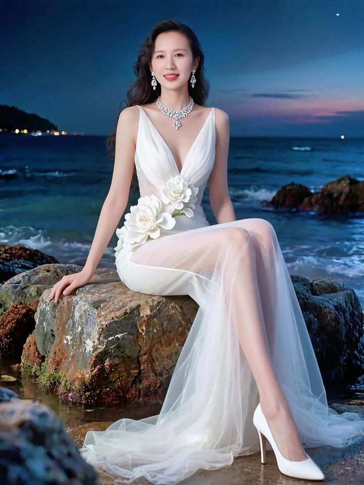 海浪轻拍礁石，月光洒在裙摆上，仿佛时间在此刻静止。远处的灯塔像守护者，默默注视着