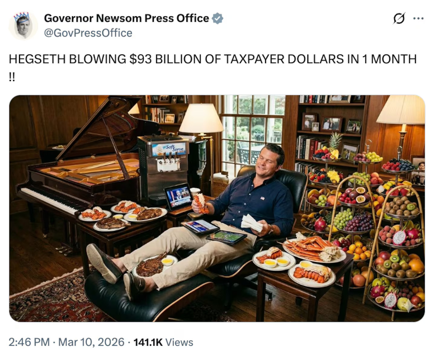 🔻纽森痛批"五角大楼皮特"挥霍龙虾牛排大餐。🔻在伊朗战事正急之时，美国监督机