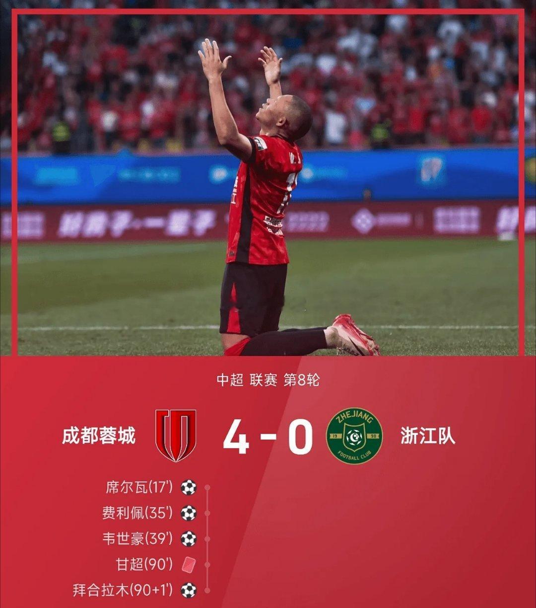 北京时间4月25日中国足球超级联赛联赛第8轮，成都蓉城主场对阵浙江。成都蓉城