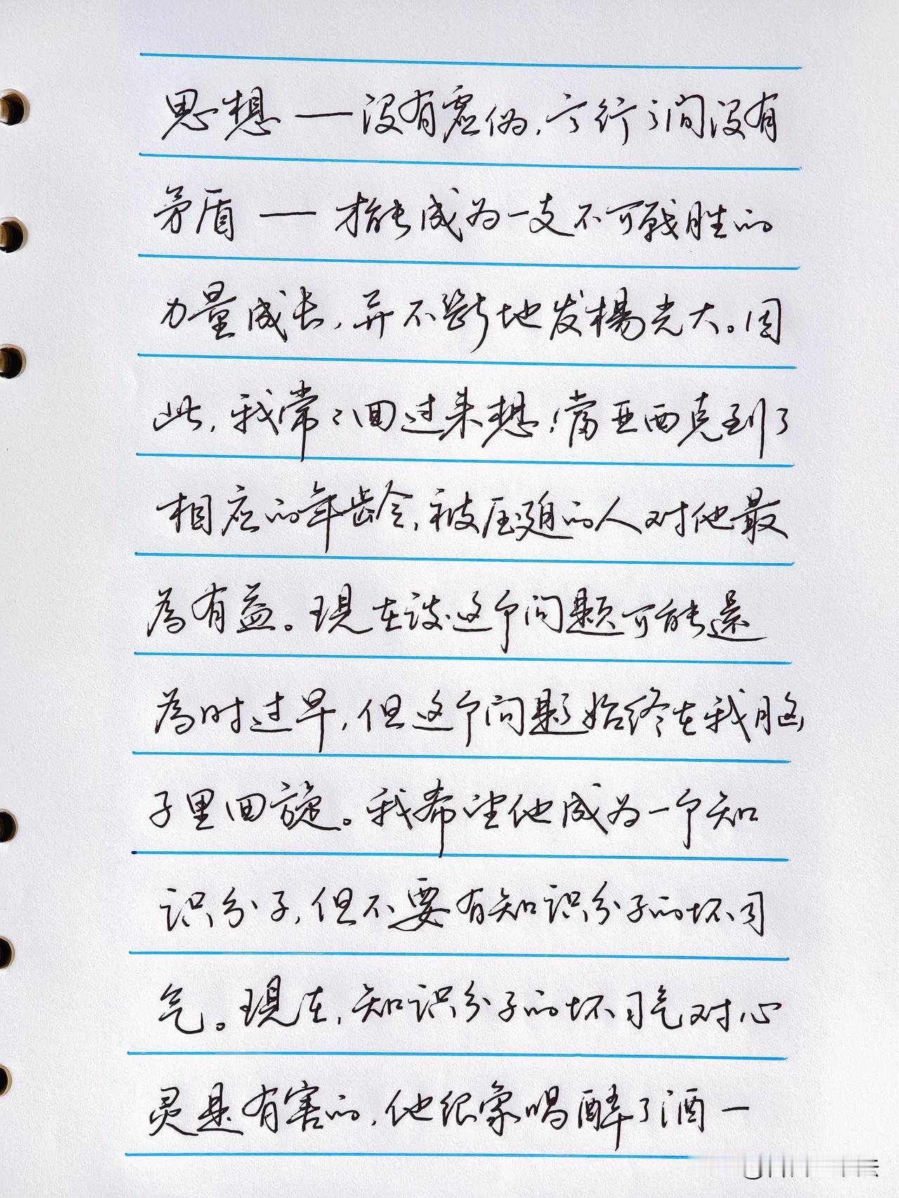 摘抄文字配上流畅硬笔行书，字里行间沉稳舒展，行笔干净利落，没有多余浮夸的连笔。练