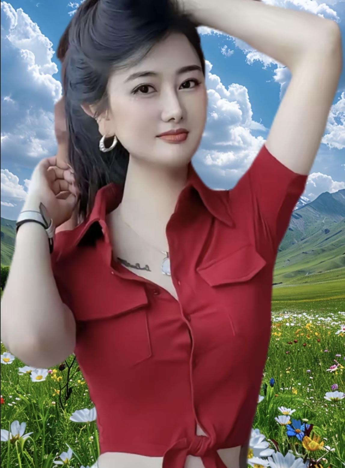 草原丽影红衫裁一片火焰在草原的绿波里燃烧云朵偷瞄她的发梢山风轻吻衣角手