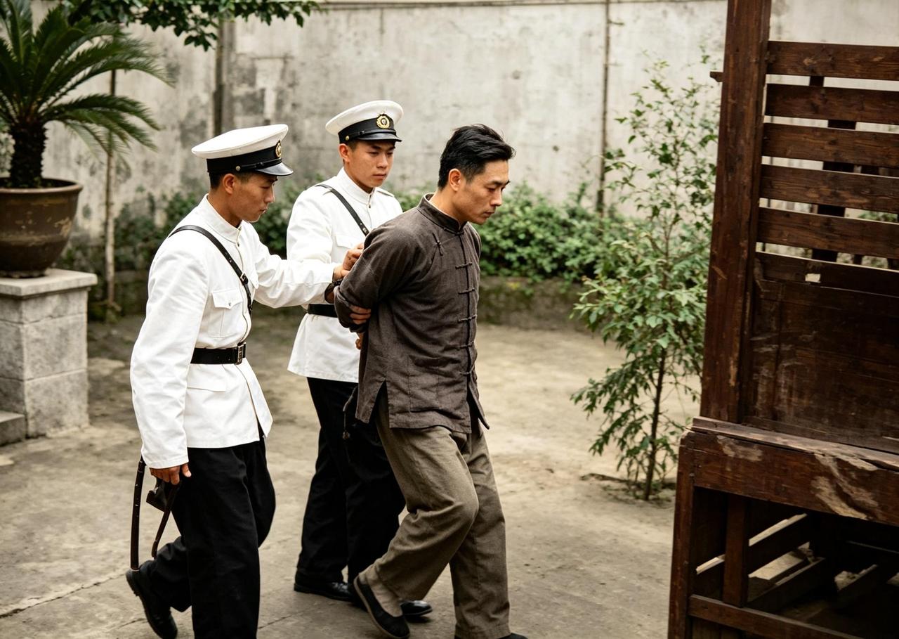 这是大特务、刽子手杨进兴被押赴刑场。一九四九年重庆解放前夕，双手沾满革命志士鲜血