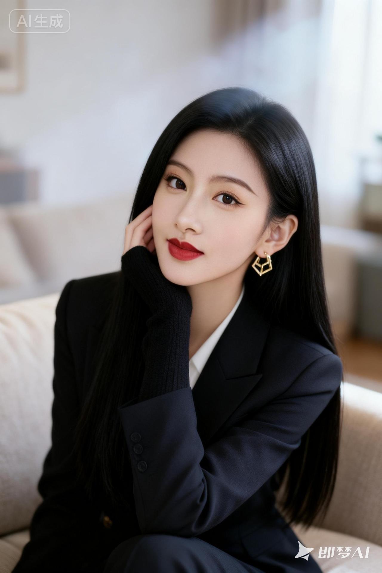 知性优雅、美丽大方，黑色长直发，面庞白皙精致，高挺的鼻梁，红润的嘴唇，细长的眉毛