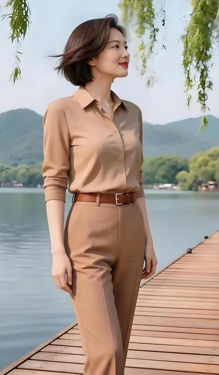 《湖山暖褐》浅褐轻裹，染透湖光温存短发微扬，漫过柳丝柔痕侧颜含笑，望