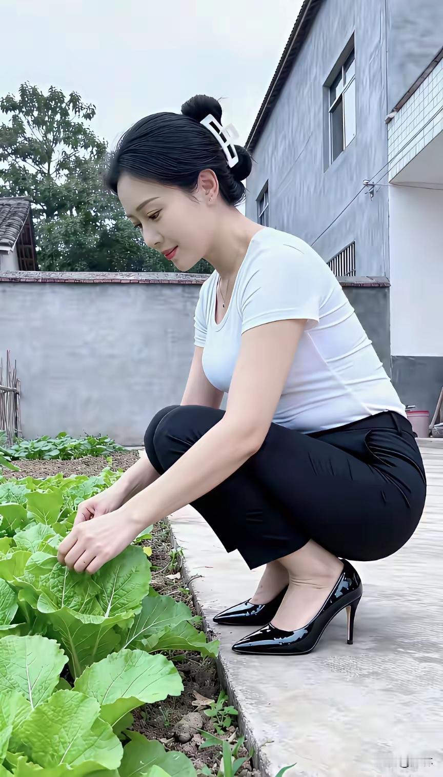 穿着高跟鞋的女士在菜园里蹲着。