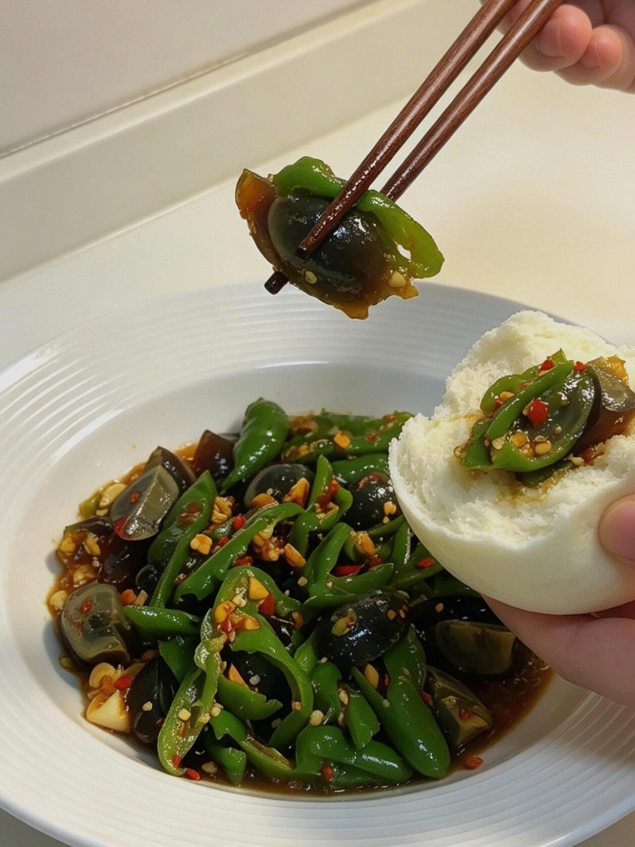 食材便宜、步骤简单、不容易翻车的双椒炒皮蛋做法，做了很多次，依然觉得值得分享1️⃣青椒拍扁，锅里不放