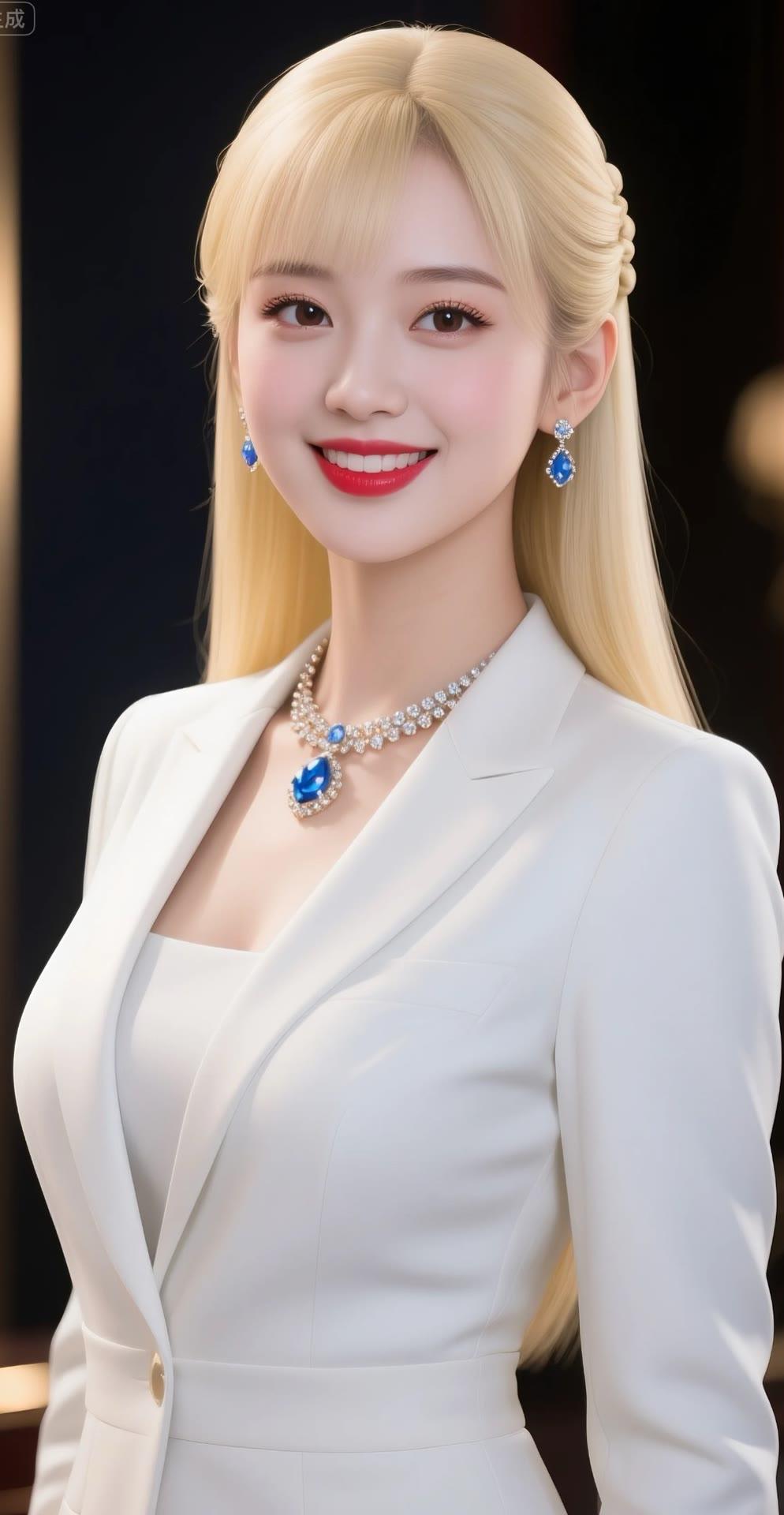 优雅白裙少女，闪耀蓝宝石项链，甜美笑容，气质非凡！